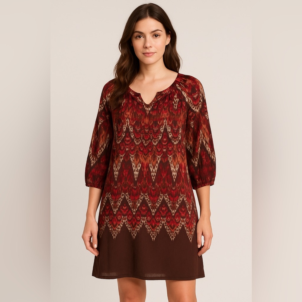 Sonoma Life + Style Boho Ikat Print Cotton Tunic Dress Red Brown 3/4 Sleeve Sz S